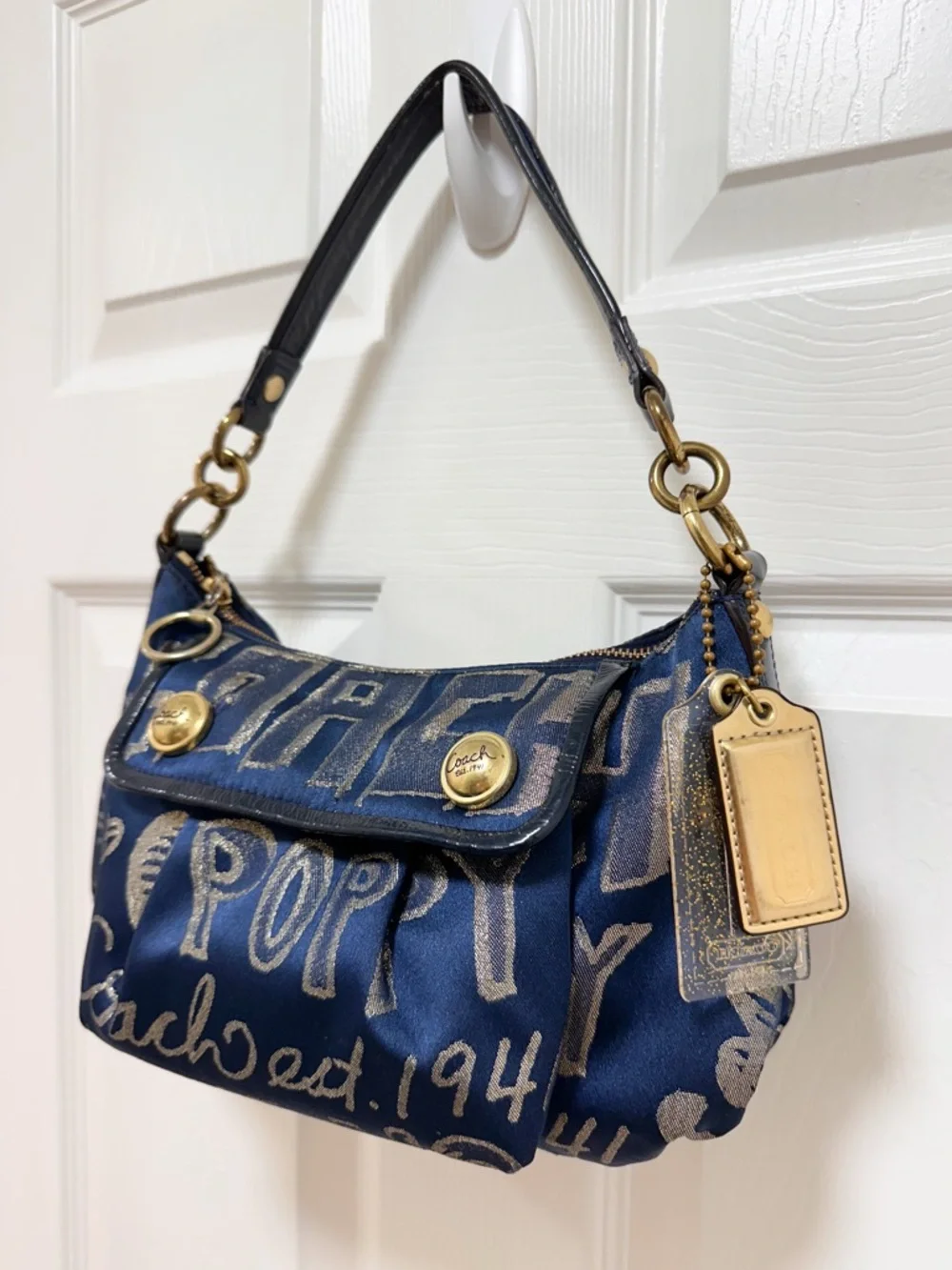 Coach Poppy Story Patch Bag Navy Metallic Gold Graffiti Satin 2Way